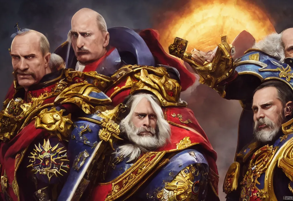 Image similar to portrait of vladimir putin as emperor and dmitryi medvedev as fulgrim in warhammer 4 0 k, 4 k, 8 k, octane render