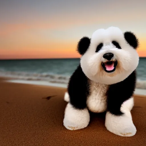 Image similar to a closeup photorealistic photograph of panda themed white bichon frise smiling on the beach at sunset. This 4K HD image is Trending on Artstation, featured on Behance, well-rendered, extra crisp, features intricate detail and the style of Unreal Engine.