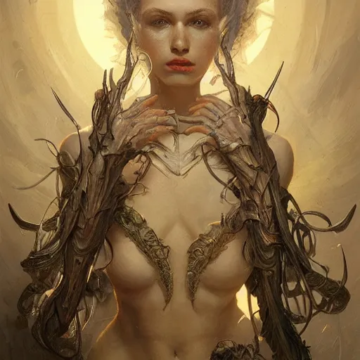 Image similar to Simone Hanna, physically accurate, dynamic lighting, intricate, elegant, highly detailed, digital painting, artstation, HR GIGER, Hieronymus Bosch, Francis Bacon, concept art, smooth, sharp focus, illustration, art by artgerm and greg rutkowski and alphonse mucha