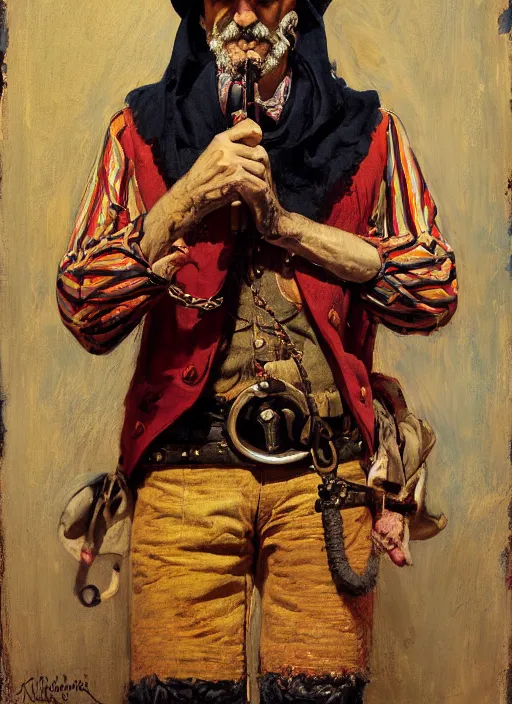 Prompt: Old west circus clown (rdr2, laurie Greasley). Iranian orientalist portrait by john william waterhouse and Edwin Longsden Long and Theodore Ralli and Nasreddine Dinet, oil on canvas. Cinematic, hyper realism, realistic proportions, dramatic lighting, high detail 4k