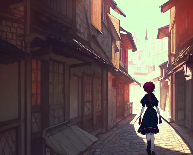 Prompt: anime still frame portrait of a young female walking through a busy medieval village, ilya kuvshinov, dynamic pose, dynamic perspective, detailed silhouette, cel shaded anime