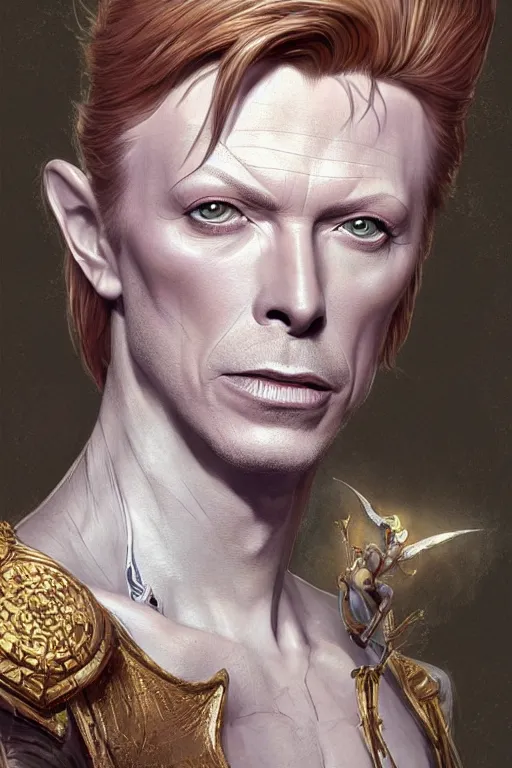 Image similar to ultra realistic illustration, fairy king david bowie from diablo and baldurs gate, intricate, elegant, highly detailed, digital painting, artstation, concept art, smooth, sharp focus, illustration, art by artgerm and greg rutkowski and alphonse mucha