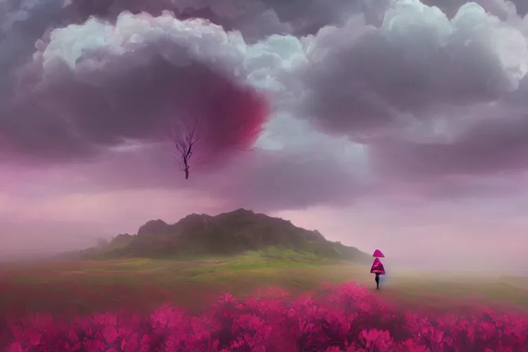 Prompt: giant dahlia flower over head, girl walking on mountain, surreal photography, pink storm clouds, dramatic light, impressionist painting, digital painting, artstation, simon stalenhag