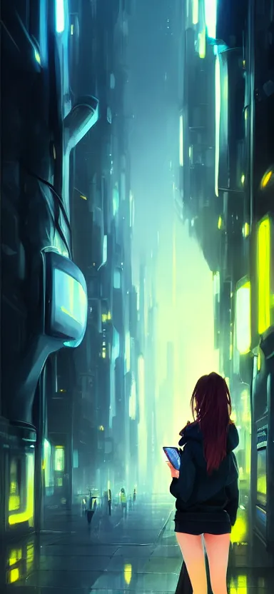 Image similar to a vtuber model concept art of a beautiful girl in a black and yellow hoodie looking on a smartphone in her hand, blue eyes, long hair, full body art, futuristic city background, artstation, digital art, commission art, style by jordan grimmer and greg rutkowski, 4 k resolution