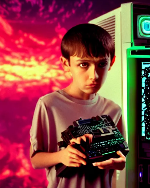 Image similar to 8k professional photo of an 8 years old enlightened and scared boy standing in front of an old computer from 90s with a game doom2 at the monitor screen in a vaporwave space, still from a movie by Gaspar Noe and James Cameron