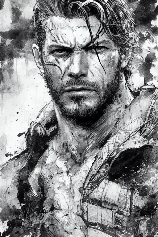 Image similar to portrait of snake from mgs, pen and ink, intricate line drawings, by craig mullins, ruan jia, kentaro miura, greg rutkowski