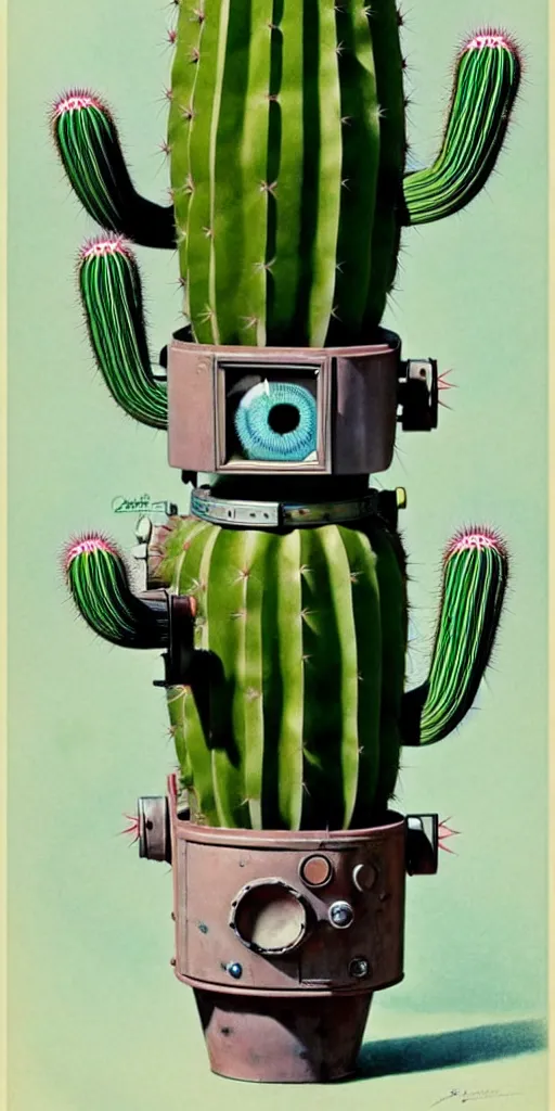 Image similar to 1950s retro cactus robot, Bionic Arms and eyes. muted colours. by Jean-Baptiste Monge, wide shot