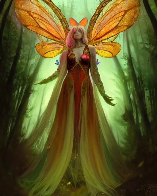 Image similar to stunningly beautiful female faerie priestess in amanita muscaria forest landscape, symmetrical wings on back, neon hair, fantasy art, wearing a dress of gossamer gold, dark light night, sharp focus, digital painting, 4 k, concept art, art by wlop, greg rutkowski and alphonse mucha, brom, face by otto schmidt