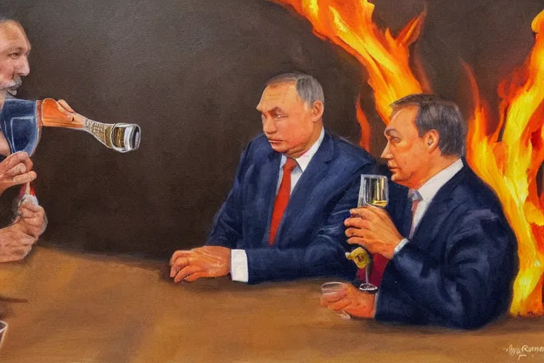 Image similar to viktor orban drinking champagne with putin in front a burning city, highly detailed eyes, oil painting