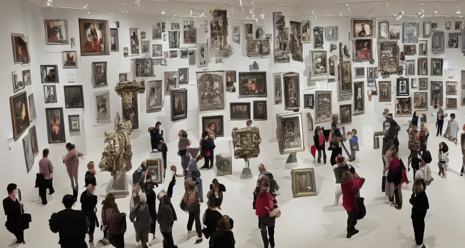 Prompt: museum gallery filled with people that appreciating AI generated image