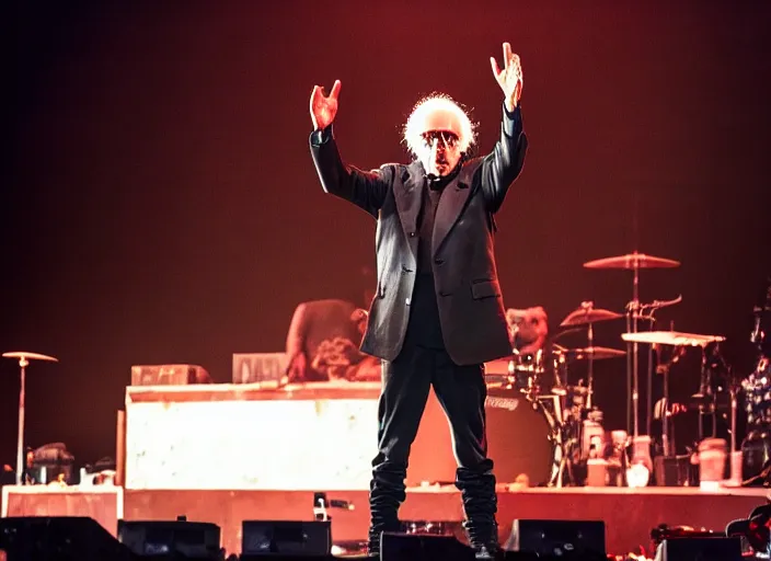 Image similar to publicity photo still of larry david touring with slipknot live on stage, 8 k, live concert lighting, mid shot