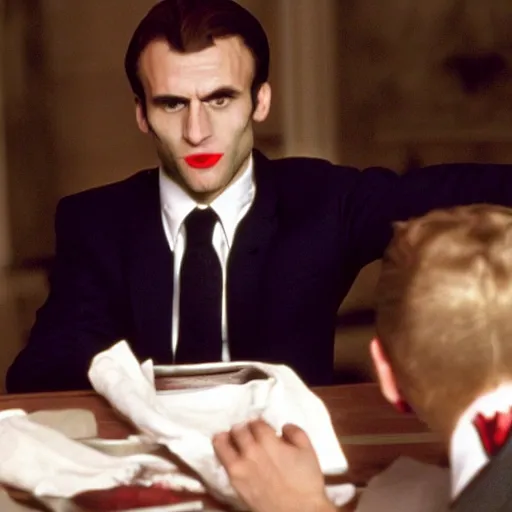 Prompt: vampire Emmanuel Macron in American Psycho (1999)