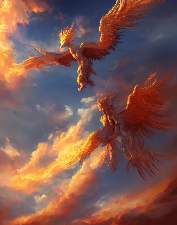 Image similar to a gigantic phoenix god ascending to heaven, godly, fantasy, light, bright, artstation, digital art,