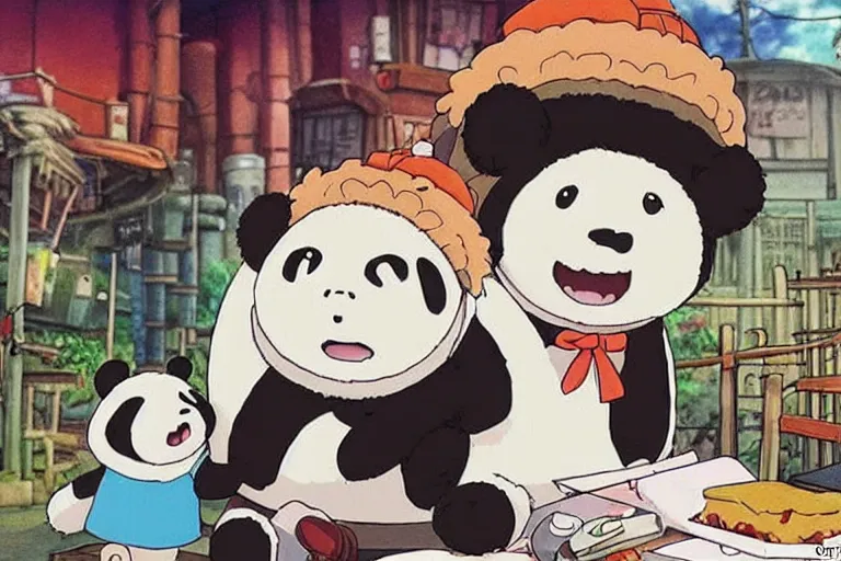 Image similar to studio ghibli anime film ham panda, about a girl and her best panda friend working at a deli, miyazaki movie