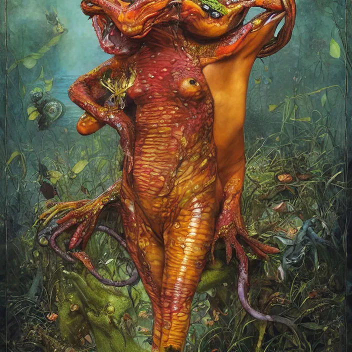 Image similar to a portrait photograph of sadie sink as a brightly colored amphibian hybrid with wet mutated skin. wearing a catsuit many body modifications. by tom bagshaw, donato giancola, hans holbein, walton ford, gaston bussiere, brian froud, peter mohrbacher and magali villeneuve. 8 k, cgsociety