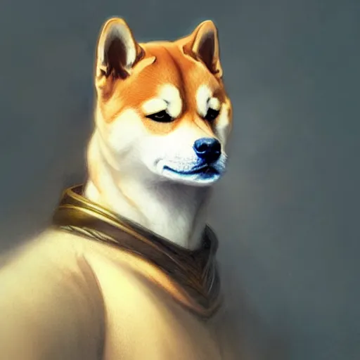 Image similar to Portrait of Shiba Inu, D&D, blue eyes, fantasy, intricate, elegant, highly detailed, digital painting, artstation, concept art, smooth, sharp focus, illustration, art by artgerm and greg rutkowski and alphonse mucha