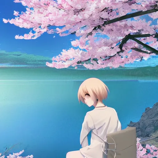 Prompt: Soft blur, digital art, anime, advanced digital art, girl sitting at the edge of a cliff overlooking a lake filled with sakura petals, light reflected on her face in the style of Kuvshinoc Ilya. —W 1024 —H 1024