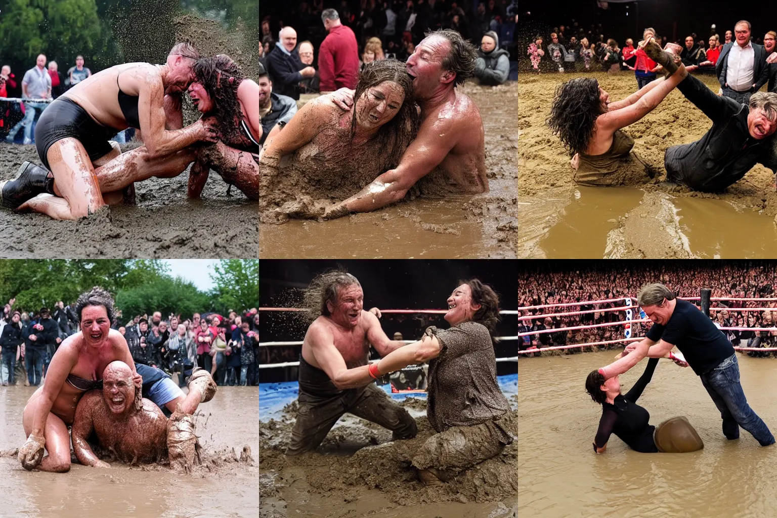 Prompt: Femke Halsema and Hans Teeuwen mud wrestling in a fight ring with the crowd going wild