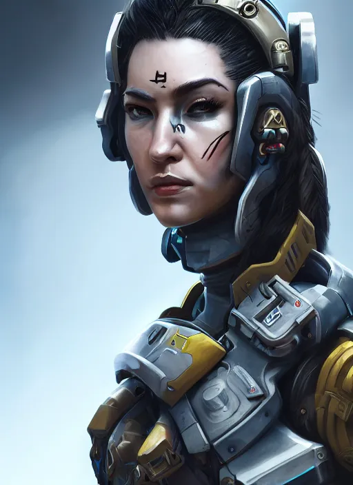 Prompt: a hyper realistic intricate detailed military tech advanced dangerous cyberpunk portrait of a female warrior wearing overwatch armor, zoom lens, concept art, photography, realistic, 8 k, vray, concept armor, artstation, deviantart