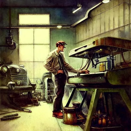 Image similar to ( ( ( ( ( 1 9 5 0 s retro science fiction mechanics shop interior scene. muted colors. ) ) ) ) ) by jean - baptiste monge!!!!!!!!!!!!!!!!!!!!!!!!!!!!!!