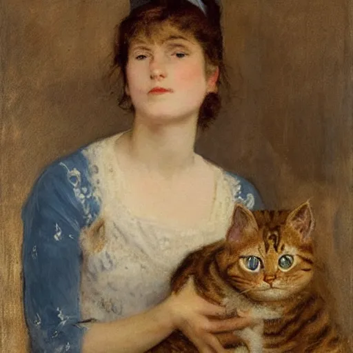 Image similar to young woman petting her cat by alfred stevens