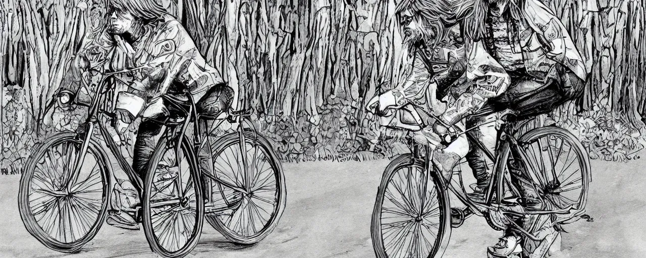 Image similar to beautiful detailed comic illustration of Kurt Cobain on a bicycle on a bicycle, colored