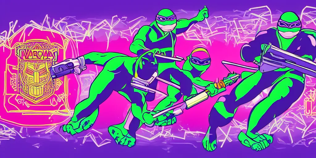 Prompt: vaporwave, vector graphics, ninja turtles, neon