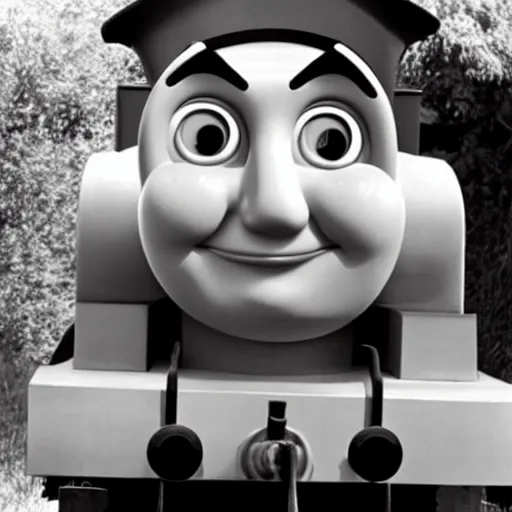 Prompt: Thomas the tank engine, gary busey face!!!!!!, cartoon, steamboat willy, monochrome 1920