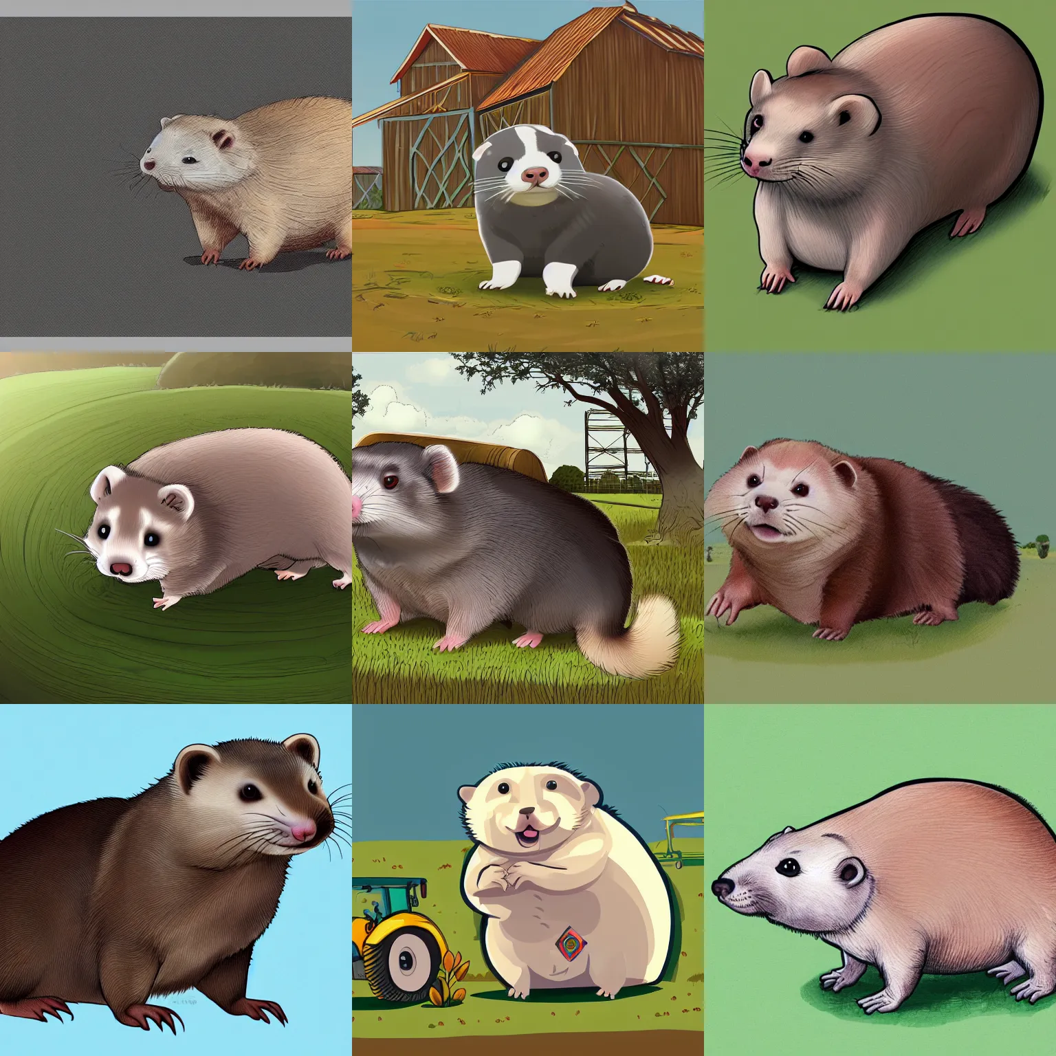 Prompt: a chubby ferret the size of a tractor working on a farm, digital illustration, concept art, giant ferret