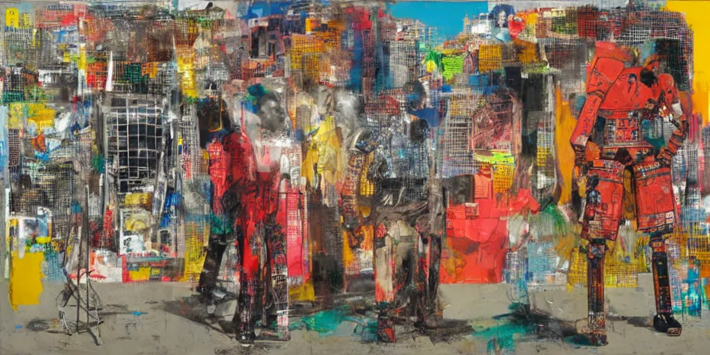 Image similar to robot in Ajegunle slum of Lagos conversing with African Jesus Christ about beauty under a large UFO beaming a neon ray, painting by Robert Rauschenberg, in the style of Estate (1963), oil and silk screen on canvas,