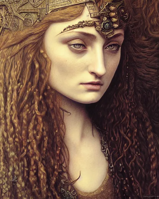 Image similar to matte painting portrait shot, beautiful sophie turner, steampunk, detailed and intricate by jean delville, gustave dore and marco mazzoni, art nouveau, symbolist, visionary, gothic, pre - raphaelite