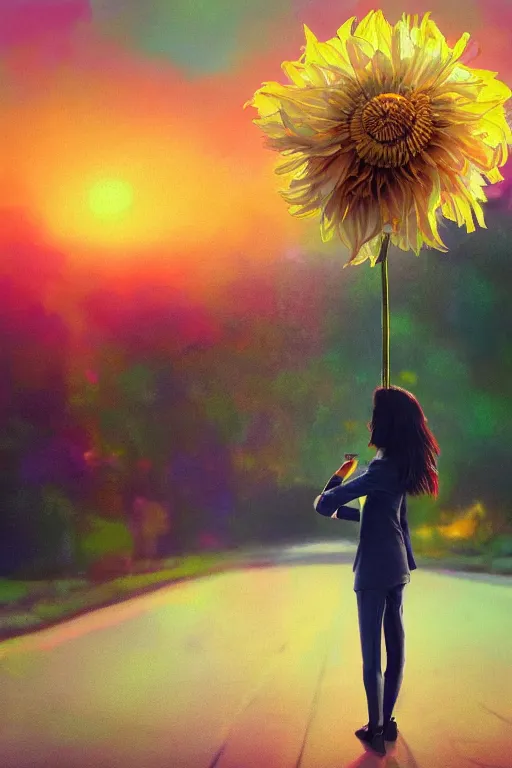 Image similar to closeup giant dahlia flower head, frontal, girl in a suit, standing in street, surreal photography, sunrise, dramatic light, impressionist painting, digital painting, artstation, simon stalenhag