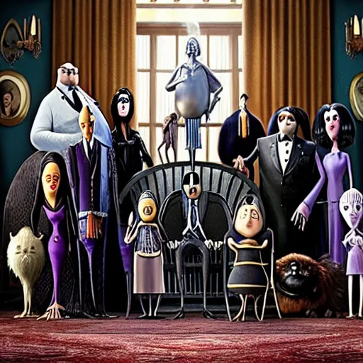 Image similar to a still from the Addams family live action movie directed by Wes Anderson