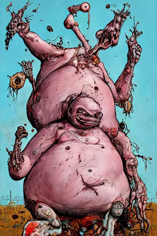 Image similar to Big Chungus full body shot, hyper-realistic oil painting, Body horror, biopunk, by Ralph Steadman, Francis Bacon, Hunter S Thompson