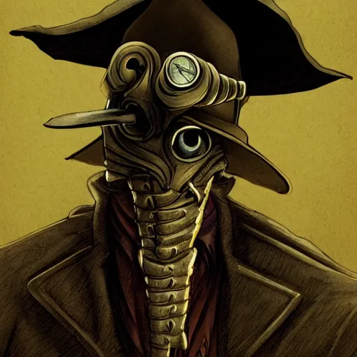 Prompt: a portrait of a plague doctor gunslinger, dark fantasy, horror, western, hell, ultrafine detailed digital pencil art by takeshi obata and mike mignola, death note style, colored by greg rutkowski, symmetric body, cgsociety, sharp focus, detailed face, looking at the camera