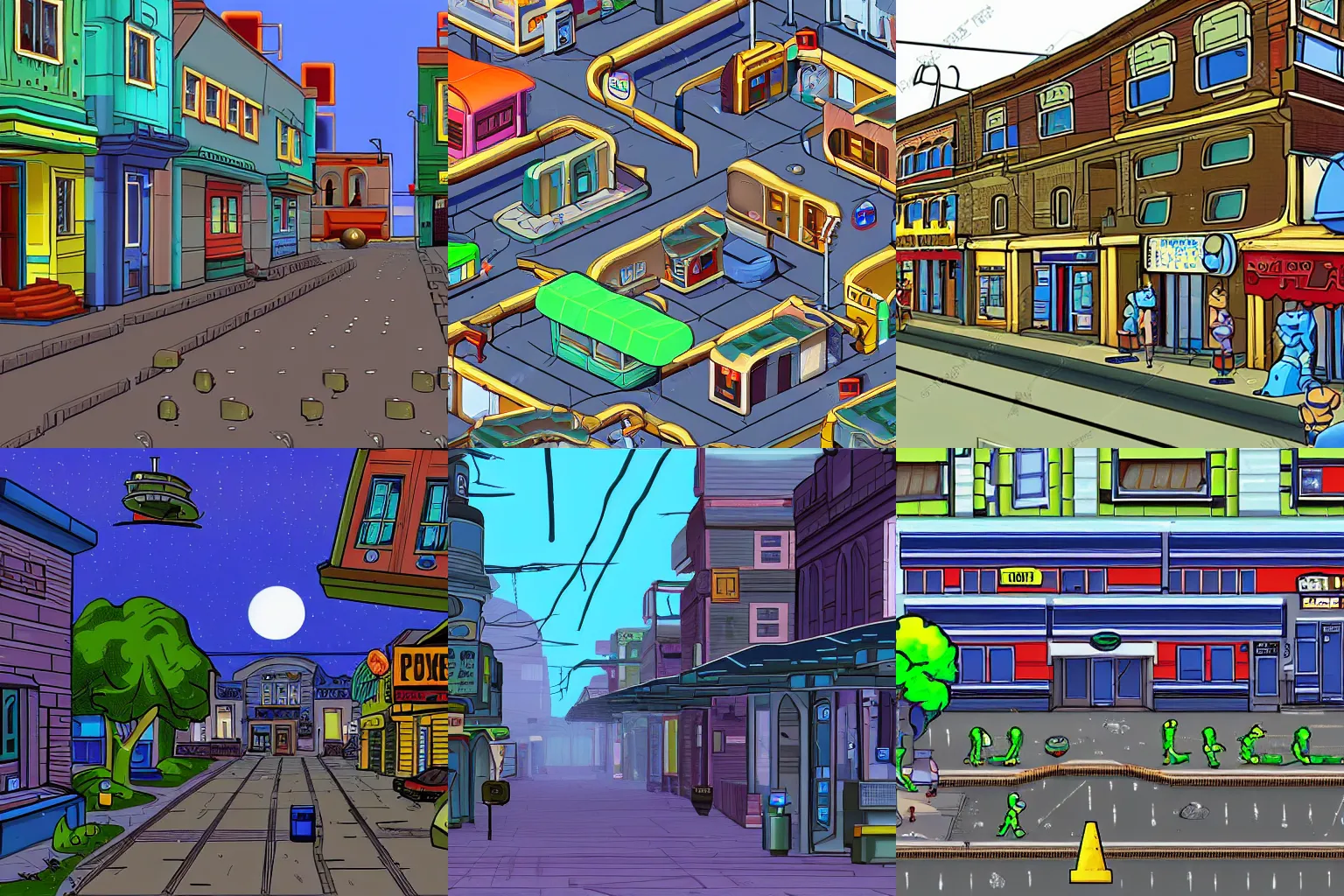 Prompt: main street of a small town on an alien planet, the building are modular, from a space themed point and click 2D graphic adventure game, made in 1999, high quality graphics