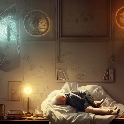 Prompt: A mathematician sleeping in his bed finds the source of his ideas in a dream, numbers float around with lots of symbols, digital art, cinematic lighting rendered by octane, 8k, detailed, intricate, clean and textures, trending on artstation, treanding on deviantart, trending on cgsociety, pinterest