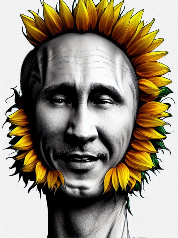 Image similar to digital art, centered full body of Putin smiling king, Sunflower crown, ,intricate, veins, by James Jean and by artgerm , by ross tran ultradetailed, charachter design, concept art, trending on artstation,