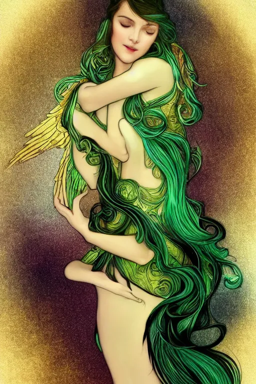 Image similar to a magic the gattering illustration of a woman angel , fantasy, gradient black green gold, dreamy and ethereal, green eyes, golden ratio, peaceful expression, ornate frilly dress, fantasy, intricate, elegant, rainbow splash of ink, highly detailed, digital painting, artstation, concept art, smooth,b sharp focus, illustration, art by scott fisher and alphonse mucha