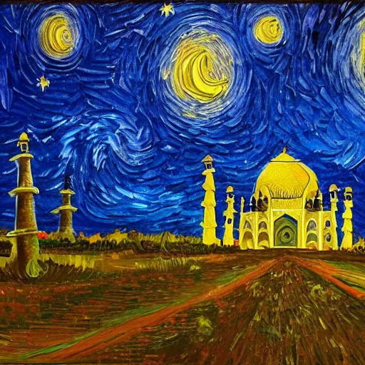 Image similar to painting of tajmahal + van gogh's stary night