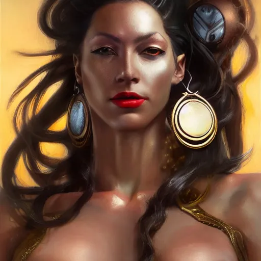 Prompt: detailed oil portrait of tall hyper - muscular shining bronze - skinned warrior woman with silver eyes, full body, with long wavy flowing black hair and big gold earrings, jewelry, red lipstick, makeup, feminine, volumetric lighting, dynamic composition, art by boris vallejo and sachin teng and sergey kolesov and ruan jia and heng z, scifi, concept art