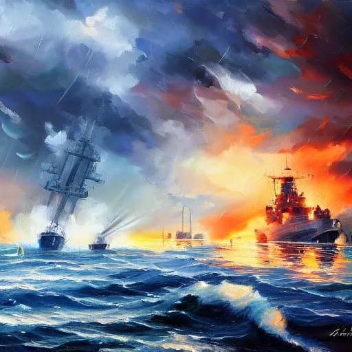 Prompt: A WW2 naval battle during a storm, Aenami Alena, Afremov Leonid