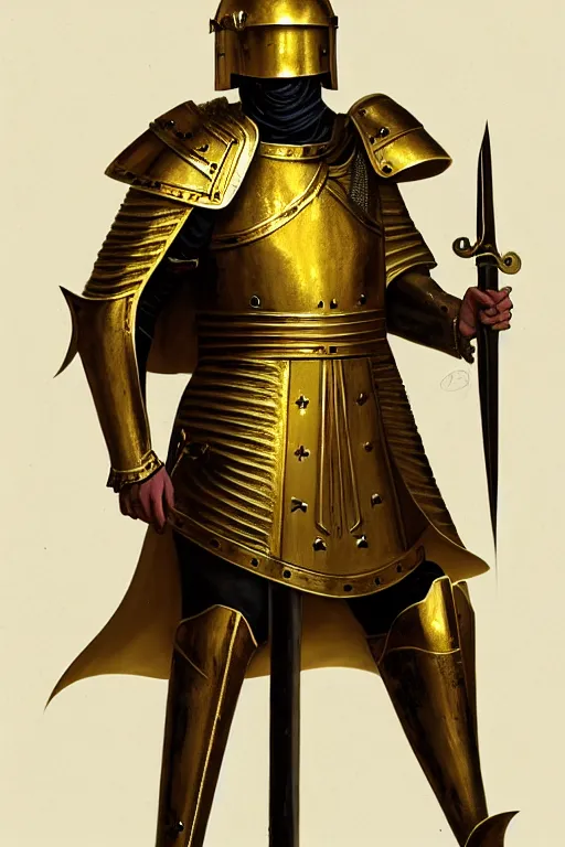 Image similar to man looking forward in iron decorated with gold baroque style christian crusader armor, cylindrical helmet covering all his head decorated with golden cross on front it's front and white cape covering most of his body standing at the gates of jerusalem drawn by greg rutkowski realistic high detail