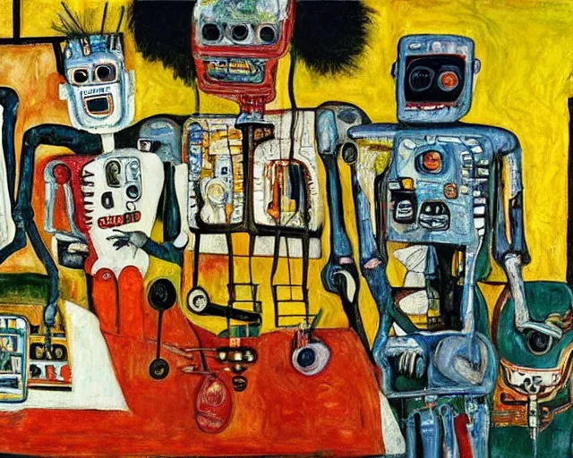 Prompt: a painting of a robot family at a bbq by graham sutherland, egon schiele, basquiat, neo - expressionism