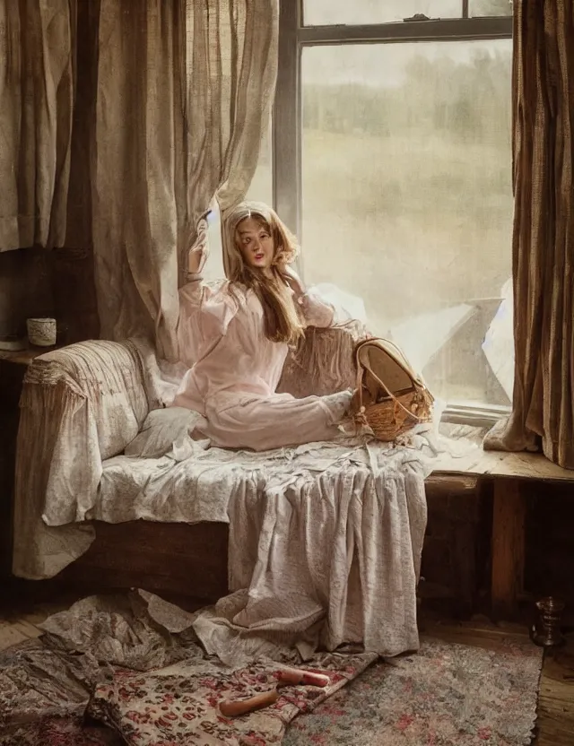 Image similar to Aristocrat girl in the cottage in the morning in a Pajama, country style, portrait, Cinematic focus, Polaroid photo, vintage, neutral colors, soft lights, foggy, by Steve Hanks, by Serov Valentin, by lisa yuskavage, by Andrei Tarkovsky 8k render, detailed, oil on canvas