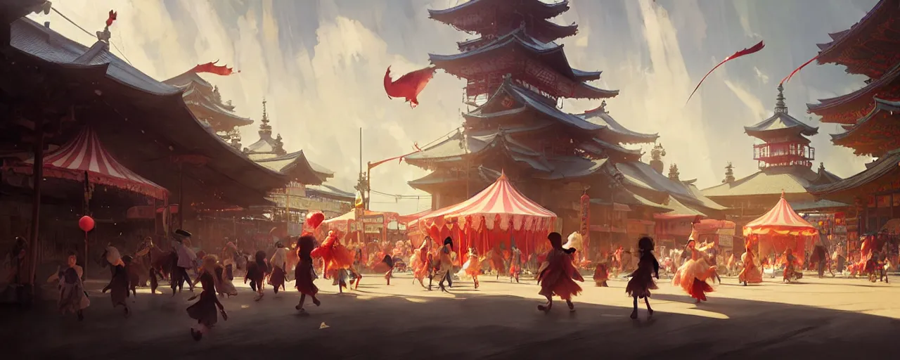 Prompt: young witches running around exploring small town carnival amusement, food stalls, big top circus tent, highly detailed, magical, japan, digital painting, concept art, matte, art by ruan jia and wlop and greg rutkowski and makoto shinkai, masterpiece