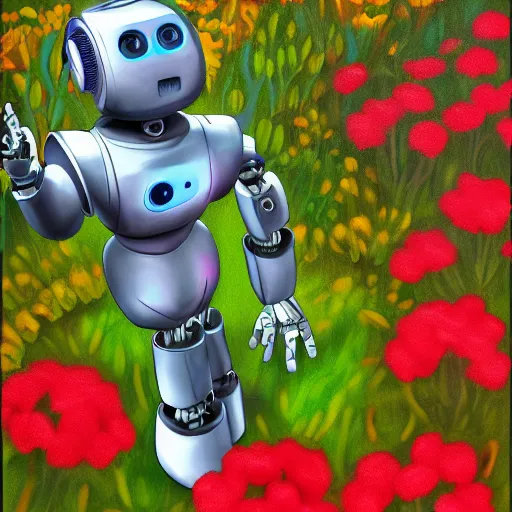 Prompt: A robot holding a flower in a garden, digital painting, hd