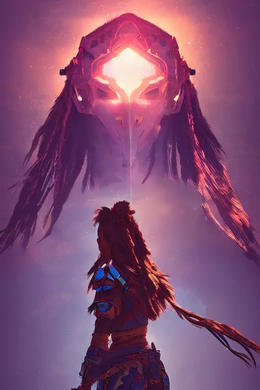 Image similar to combination suit armor aloy horizon forbidden west horizon zero dawn radiating a glowing aura global illumination ray tracing hdr fanart arstation by ian pesty and alena aenami artworks in 4 k tribal robot ninja mask helmet backpack