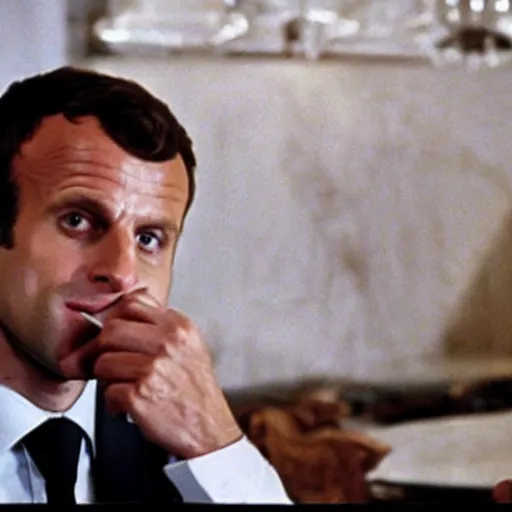 Prompt: Emmanuel Macron drinking beers in American Psycho (1999)