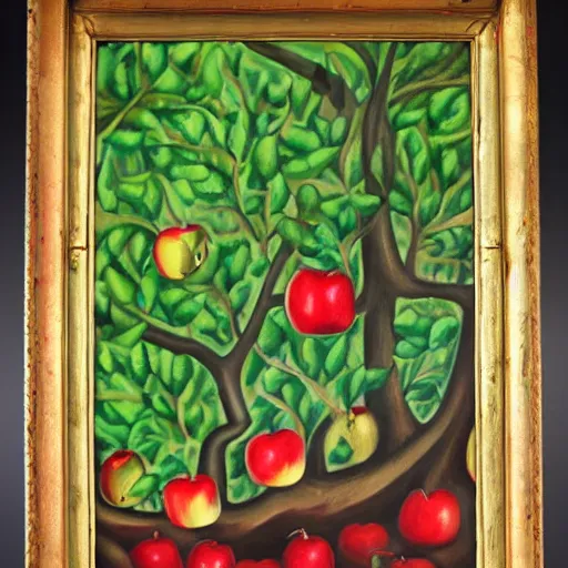 Prompt: anthropomorphized apples taking bites of tiny people that are growing on trees, oil painting, fantasy